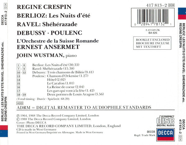 Régine Crespin – Berlioz* / Ravel* / Debussy* / Poulenc* : Les Nuits D'Été / Shéhérazade / Etc. (CD, Comp, RM)