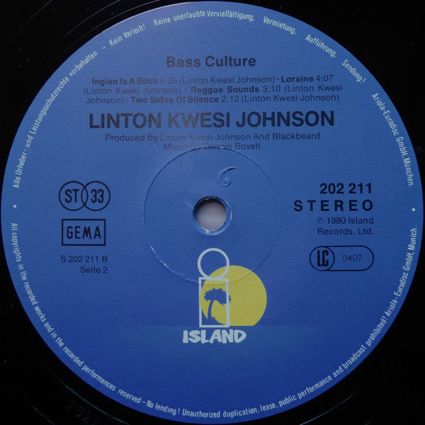 Linton Kwesi Johnson : Bass Culture (LP, Album, RE)