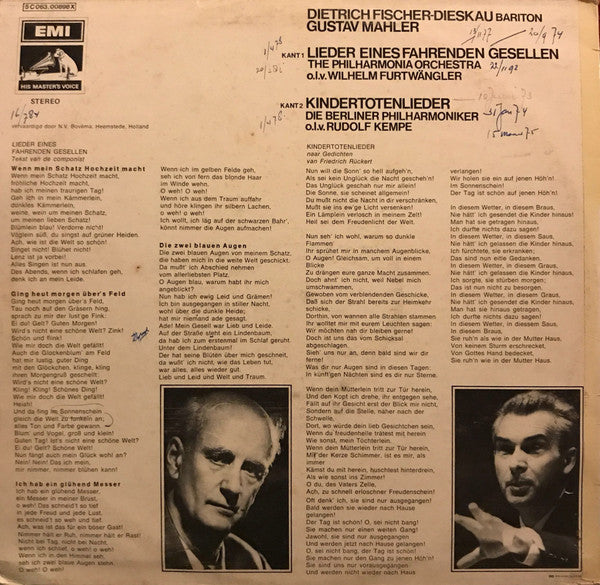 Dietrich Fischer-Dieskau, Gustav Mahler : Lieder Eines, Fahrenden Gesellen / Kindertotenlieder (LP, Comp)