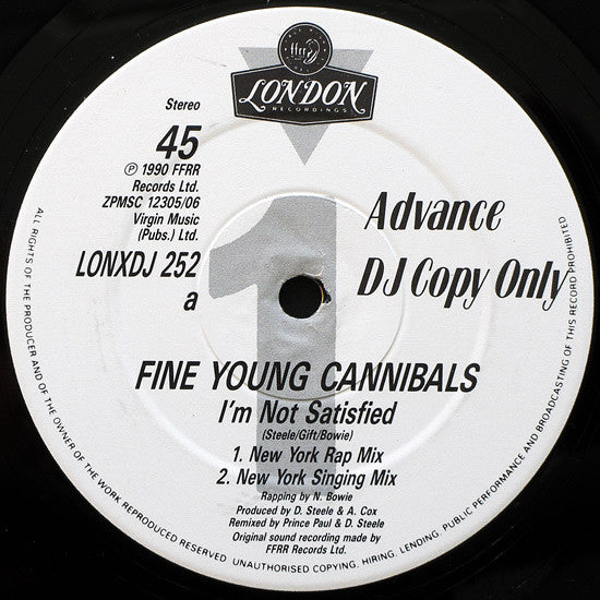Fine Young Cannibals : I'm Not Satisfied (12", Promo)