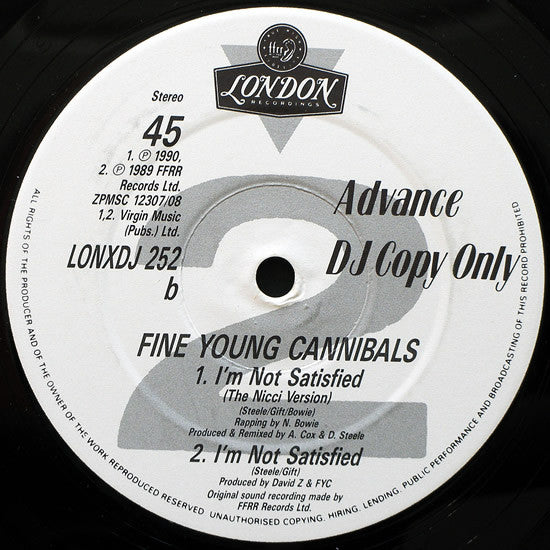 Fine Young Cannibals : I'm Not Satisfied (12", Promo)