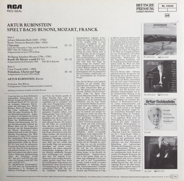 Arthur Rubinstein, César Franck, Johann Sebastian Bach - Ferruccio Busoni, Wolfgang Amadeus Mozart : Prélude, Chorale And Fugue / Chaconne / Rondo In A Minor (LP, Album)