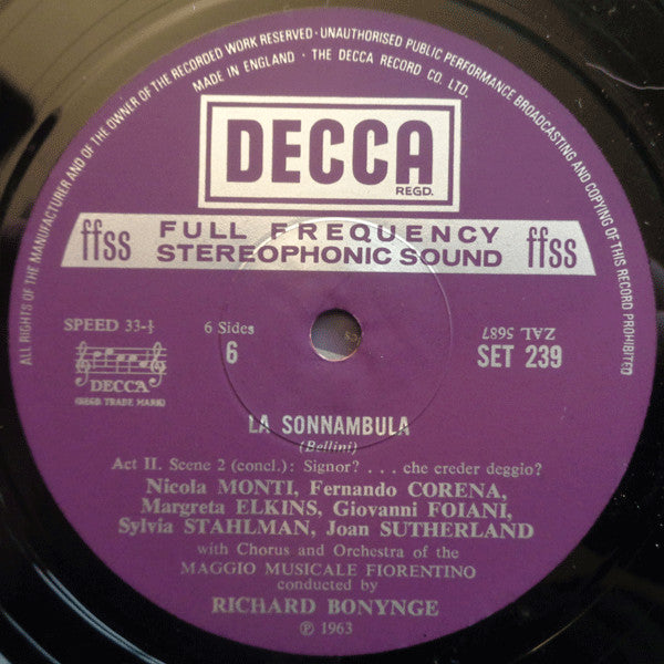 Vincenzo Bellini - Joan Sutherland, Nicola Monti, Fernando Corena, Sylvia Stahlman, Margreta Elkins, Orchestra Del Maggio Musicale Fiorentino & Coro Del Maggio Musicale Fiorentino, Richard Bonynge : La Sonnambula (3xLP, RP + Box)