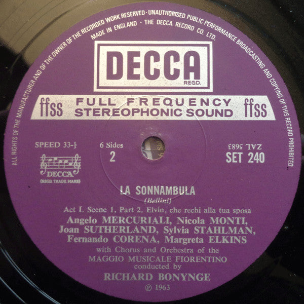 Vincenzo Bellini - Joan Sutherland, Nicola Monti, Fernando Corena, Sylvia Stahlman, Margreta Elkins, Orchestra Del Maggio Musicale Fiorentino & Coro Del Maggio Musicale Fiorentino, Richard Bonynge : La Sonnambula (3xLP, RP + Box)
