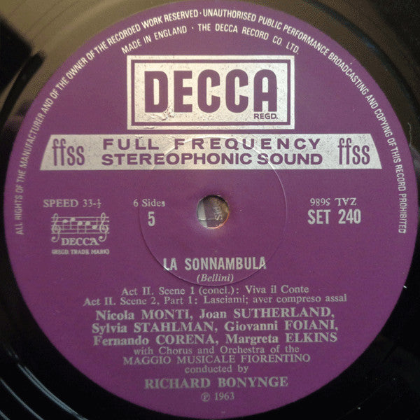 Vincenzo Bellini - Joan Sutherland, Nicola Monti, Fernando Corena, Sylvia Stahlman, Margreta Elkins, Orchestra Del Maggio Musicale Fiorentino & Coro Del Maggio Musicale Fiorentino, Richard Bonynge : La Sonnambula (3xLP, RP + Box)