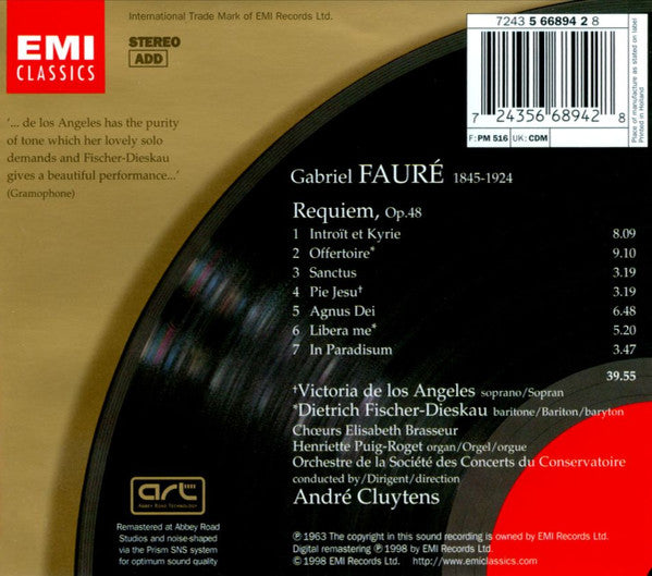 Gabriel Fauré - Victoria De Los Angeles · Dietrich Fischer-Dieskau · Choeurs Elisabeth Brasseur · Orchestre De La Société Des Concerts Du Conservatoire · André Cluytens : Requiem (CD, Album, RE, RM)