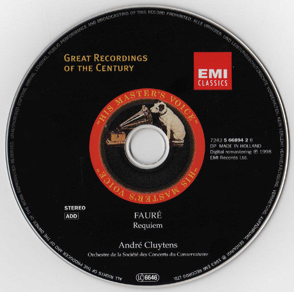 Gabriel Fauré - Victoria De Los Angeles · Dietrich Fischer-Dieskau · Choeurs Elisabeth Brasseur · Orchestre De La Société Des Concerts Du Conservatoire · André Cluytens : Requiem (CD, Album, RE, RM)