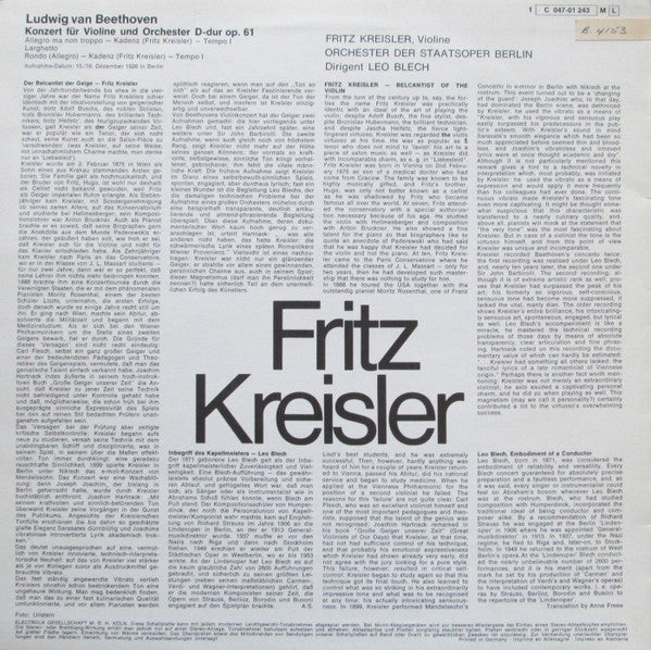 Fritz Kreisler, Das Orchester Der Staatsoper Berlin, Leo Blech, Ludwig van Beethoven : Violinkonzert D-dur Op. 61 (LP, Mono)