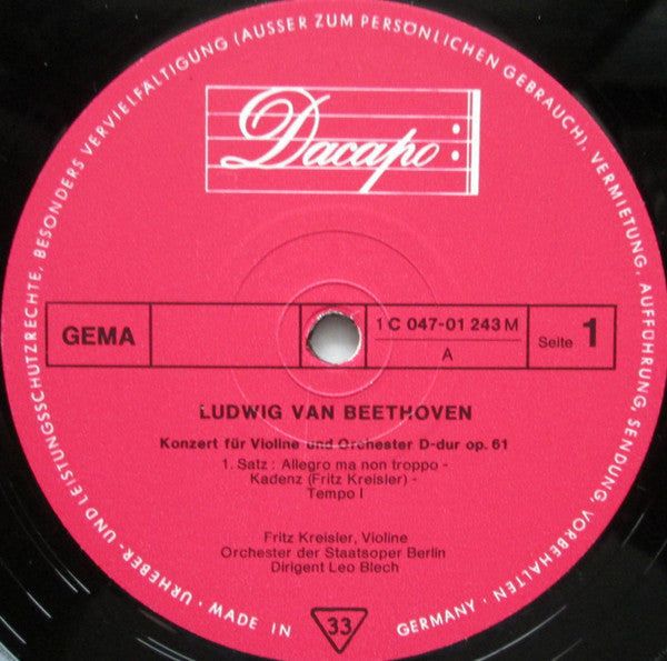 Fritz Kreisler, Das Orchester Der Staatsoper Berlin, Leo Blech, Ludwig van Beethoven : Violinkonzert D-dur Op. 61 (LP, Mono)