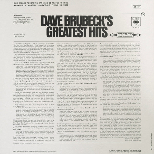 Dave Brubeck : Dave Brubeck's Greatest Hits (LP, Comp, RE)
