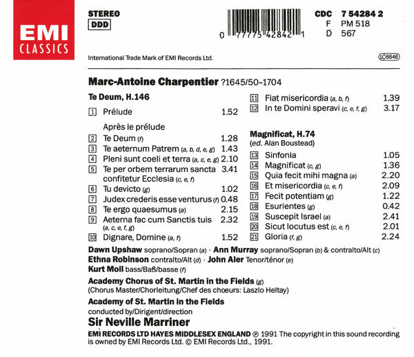 Marc Antoine Charpentier – Dawn Upshaw, Ann Murray, Ethna Robinson, John Aler, Kurt Moll, Chorus Of St Martin In The Fields, The Academy Of St. Martin-in-the-Fields, Sir Neville Marriner : Te Deum • Magnificat (CD, Album)