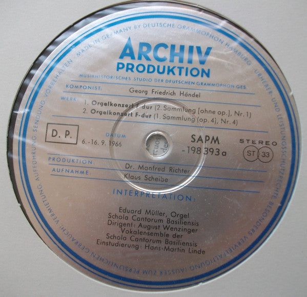 Georg Friedrich Händel - Eduard Müller, Schola Cantorum Basiliensis, August Wenzinger : Quattro Concerti Per L'organo (LP)