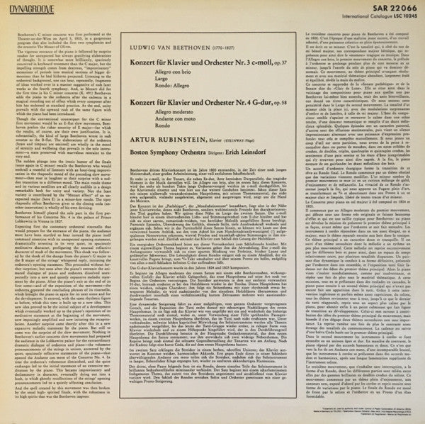 Arthur Rubinstein, Boston Symphony Orchestra, Erich Leinsdorf : Beethoven Klavierkonzerte Nr.3 C-Moll Und Nr.4 G-Dur (LP, Comp)