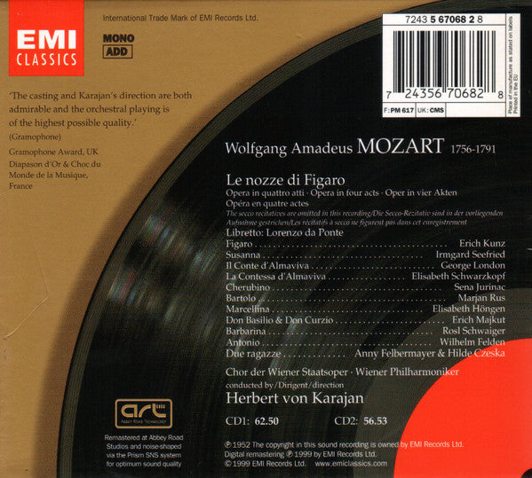 Mozart* - Kunz* • Seefried* • London* • Schwarzkopf* • Junrinac* • Chor Der Wiener Staatsoper* • Wiener Philharmoniker • Herbert von Karajan : Le Nozze Di Figaro (2xCD, Album, Mono, RE, RM + Box, Sli)