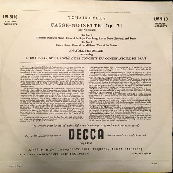 Pyotr Ilyich Tchaikovsky / Orchestre De La Société Des Concerts Du Conservatoire - Dir. Anatole Fistoulari : Casse-Noisette - Opus 71 (The Nutcracker) (10", Mono)