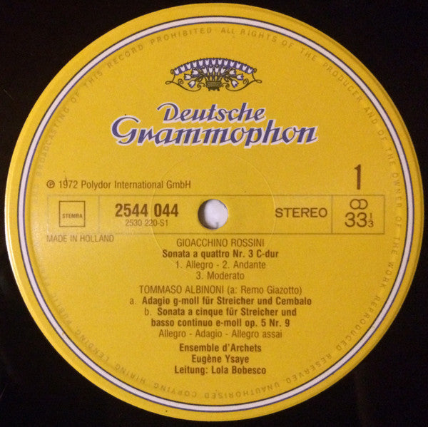 Tomaso Albinoni, Gioacchino Rossini • Francesco Geminiani • Johann Pachelbel • Eugène Ysaÿe - Lola Bobescu : Albinoni : Adagio (LP)