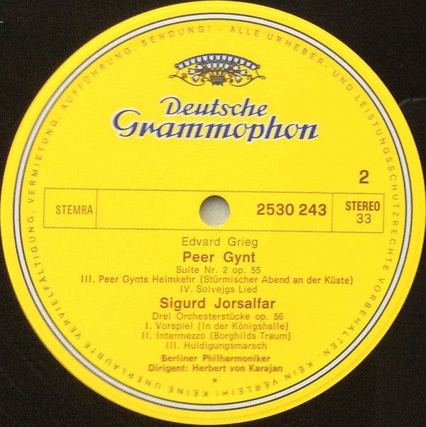 Edvard Grieg - Berliner Philharmoniker • Herbert von Karajan : Peer Gynt, Suites 1 Et 2 • Sigurd Jorsalfar (LP)