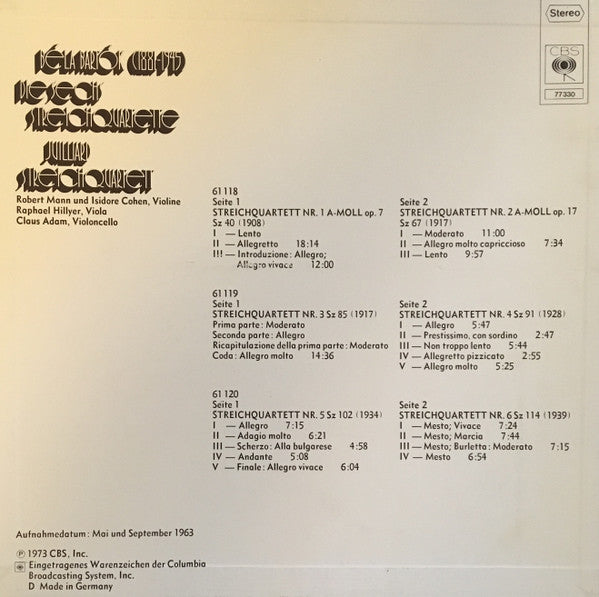 Béla Bartók - Juilliard String Quartet : Die Sechs Streichquartette (3xLP + Box)