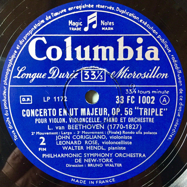 Ludwig van Beethoven, John Corigliano (2), Leonard Rose, Walter Hendl, Bruno Walter, Philharmonic-Symphony Orchestra Of New York : Concerto En Ut Majeur Op. 56 "Triple" Pour Violon, Violoncelle, Piano Et Orchestre (10", Mono)