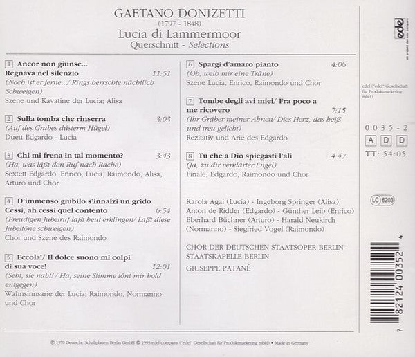 Gaetano Donizetti, Karola Ágay, Ingeborg Springer, Anton De Ridder, Günther Leib, Eberhard Büchner, Harald Neukirch, Siegfried Vogel, Chor Der Staatsoper Berlin, Staatskapelle Dresden, Giuseppe Patanè : Lucia di Lammermoor (Querschnitt) (CD)