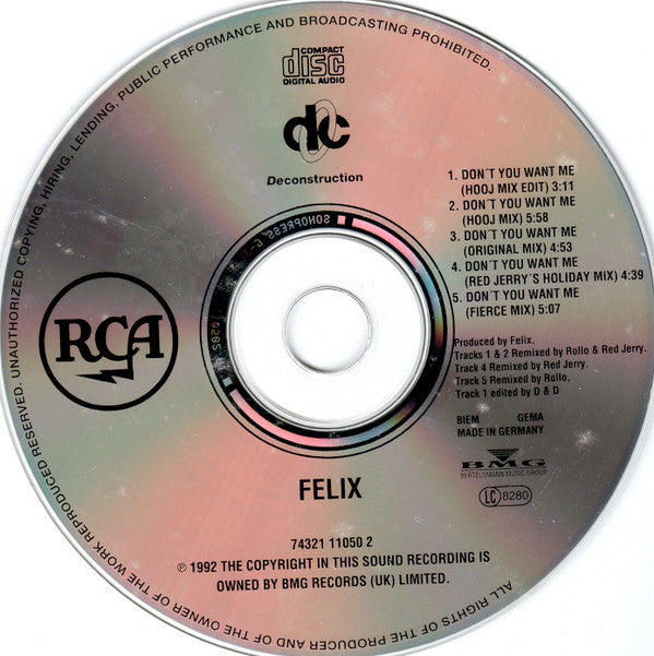 Felix : Don't You Want Me (Original Mixes And Remixes) (CD, Single)