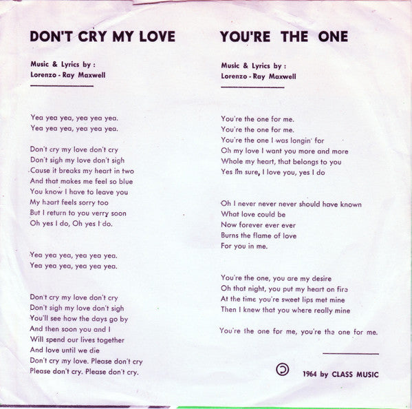 Johnny Lorenzo : Dont' Cry My Love (7", Single)