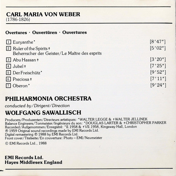 Carl Maria von Weber, Wolfgang Sawallisch, Philharmonia Orchestra : Overtures · Ouvertüren · Ouvertures (CD, RE)