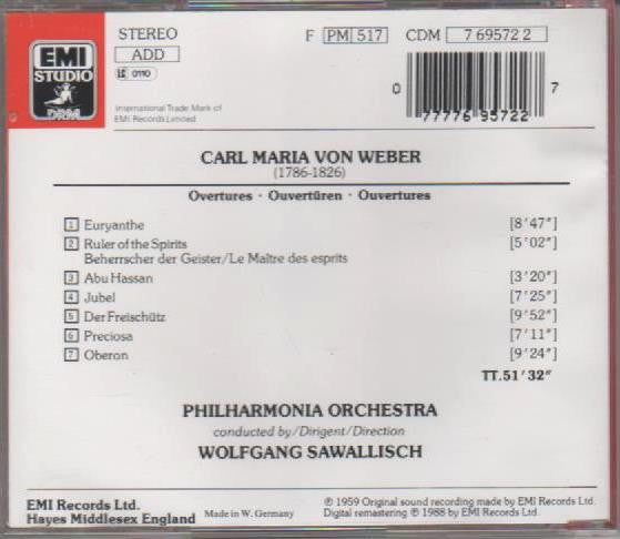 Carl Maria von Weber, Wolfgang Sawallisch, Philharmonia Orchestra : Overtures · Ouvertüren · Ouvertures (CD, RE)