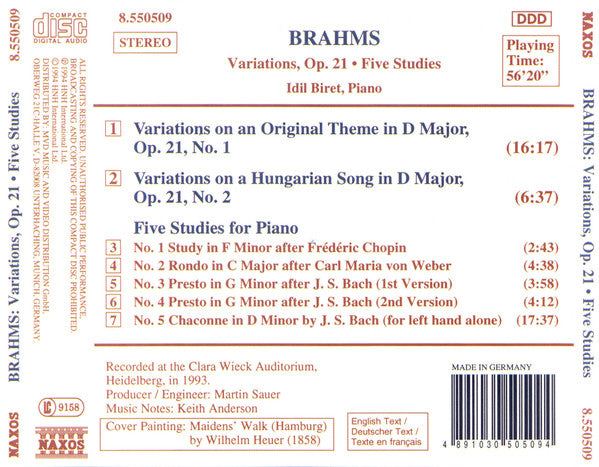 Johannes Brahms, Idil Biret : Brahms: Variations on an Original Theme, Variations on a Hungarian Song, Five Studies for Piano (CD, Album)