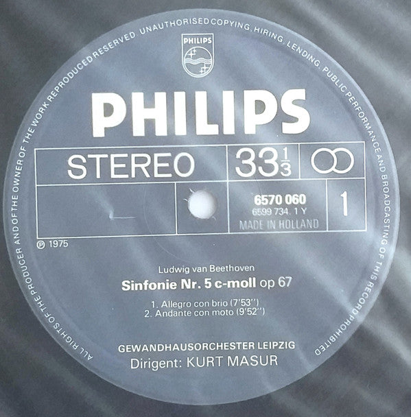 Ludwig van Beethoven, Gewandhausorchester Leipzig, Kurt Masur : Symphony No. 5 In C Minor, Op. 67 / Lenore - Overture No. 3, Op. 72b (LP)