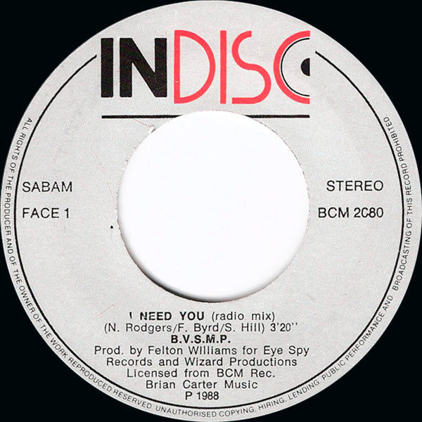 B.V.S.M.P. : I Need You (7", Single)