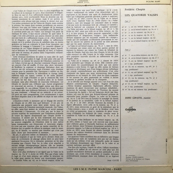 Frédéric Chopin - Dinu Lipatti : Les Quatorze Valses (LP, Mono, RE)