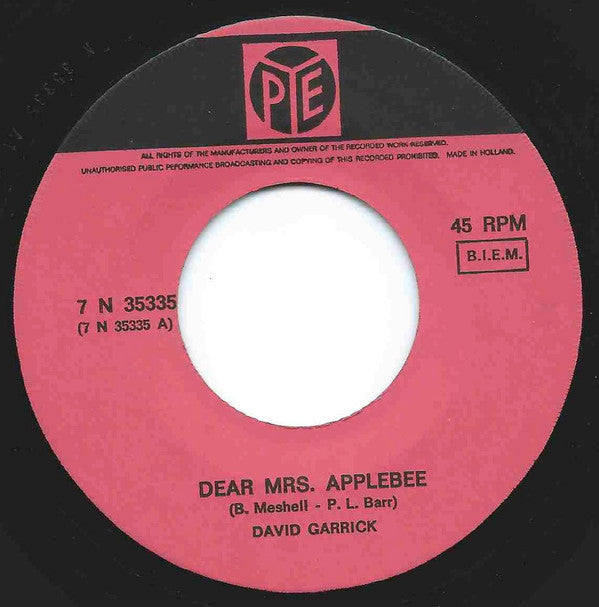 David Garrick : Dear Mrs. Applebee (7", Single)