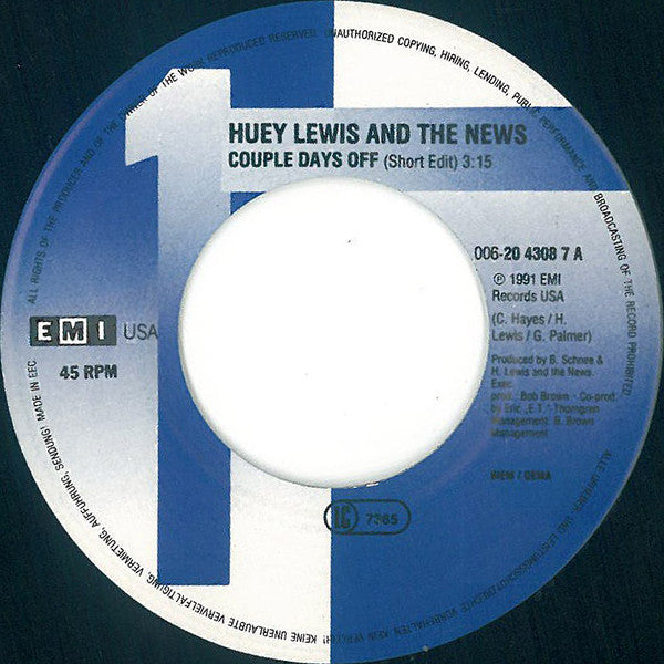 Huey Lewis And The News* : Couple Days Off (7", Single)