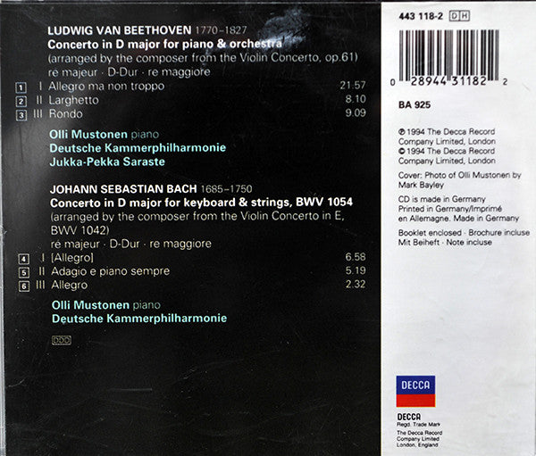 Ludwig van Beethoven, Johann Sebastian Bach, Olli Mustonen, Deutsche Kammerphilharmonie Bremen, Jukka-Pekka Saraste : Beethoven: Piano Concerto (Violin Concerto, Arr. Beethoven) / Bach: Concerto, BWV 1054 (CD, Album)