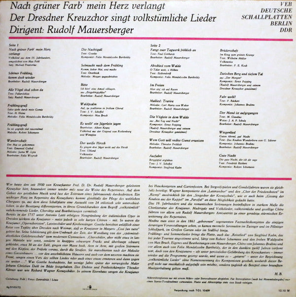 Dresdner Kreuzchor, Rudolf Mauersberger : Nach Grüner Farb' Mein Herz Verlangt (Der Dresdner Kreuzchor Singt Volkstümliche Lieder) (LP, RP, Bla)