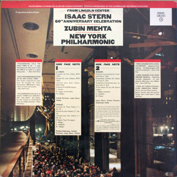 Isaac Stern, Pinchas Zukerman, Itzhak Perlman, Zubin Mehta, New York Philharmonic : Isaac Stern 60th Anniversary Celebration From Lincoln Center  (LP)