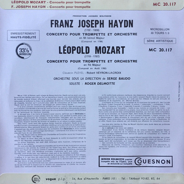 Joseph Haydn / Leopold Mozart - Roger Delmotte, Serge Baudo : Concerto En Mi Bémol Majeur Pour Trompette Et Orchestre / Concerto En Ré Majeur Pour Trompette Et Orchestre (10")