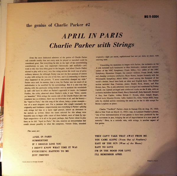 Charlie Parker With Strings : April In Paris (LP, Comp, Mono, RE)