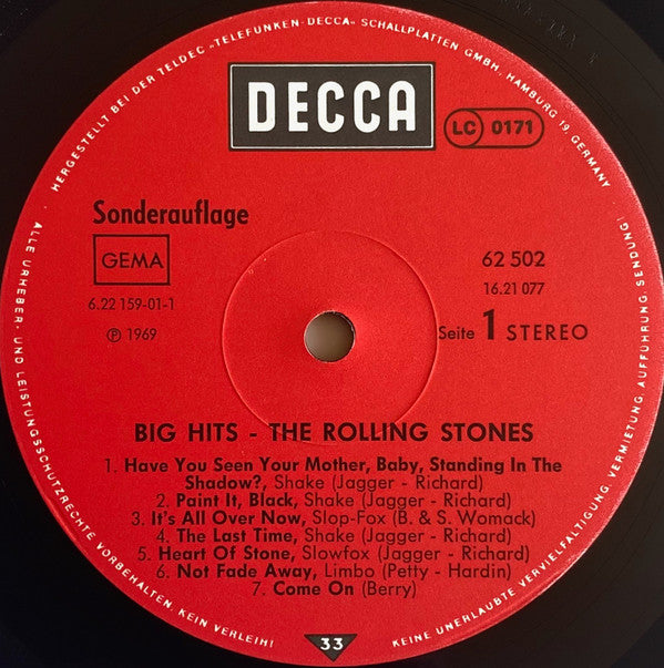The Rolling Stones : Big Hits (High Tide And Green Grass) (LP, Comp, Club, RE)