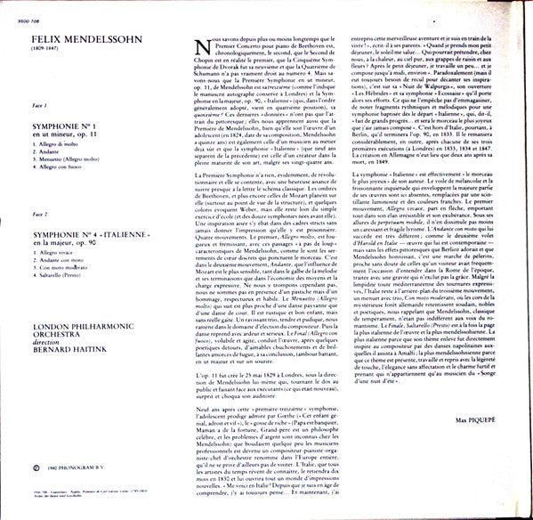 Felix Mendelssohn-Bartholdy - London Philharmonic Orchestra, Bernard Haitink : Symphonies N°1 & N° 4 "Italienne" (LP, Gat)