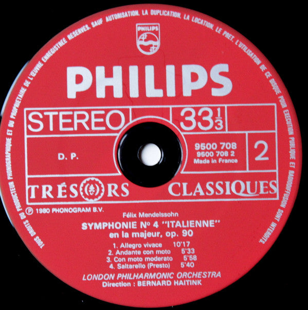 Felix Mendelssohn-Bartholdy - London Philharmonic Orchestra, Bernard Haitink : Symphonies N°1 & N° 4 "Italienne" (LP, Gat)
