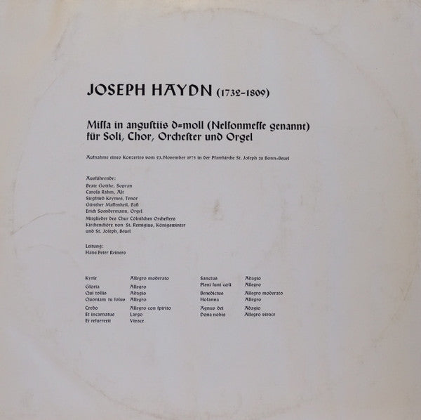 Joseph Haydn - Beate Gottke, Carola Rahm, Siegfried Keymes, Günther Massenkeil, Erich Soendermann, Chur Cölnisches Orchester Bonn, Kirchenchor St. Joseph, Beuel, Kirchenchor St. Remigius, Königswinter, Hans Peter Reiners : Nelsonmesse (LP)