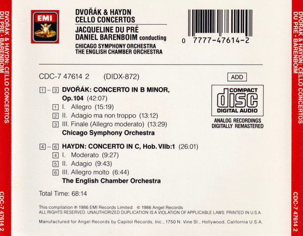 Jacqueline Du Pré - Dvořák* - Haydn* - Daniel Barenboim : Cello Concertos (CD, Album, Comp, RE)