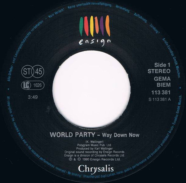 World Party : Way Down Now (7", Single)
