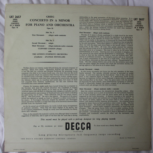 Edvard Grieg - Clifford Curzon With The London Symphony Orchestra Conducted By Anatole Fistoulari : Concerto In A Minor For Piano And Orchestra Opus 16 (LP, Album, Mono)