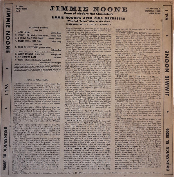 Jimmie Noone's Apex Club Orchestra With Earl Hines : Dean Of Modern Hot Clarinetists Volume 1 (10")