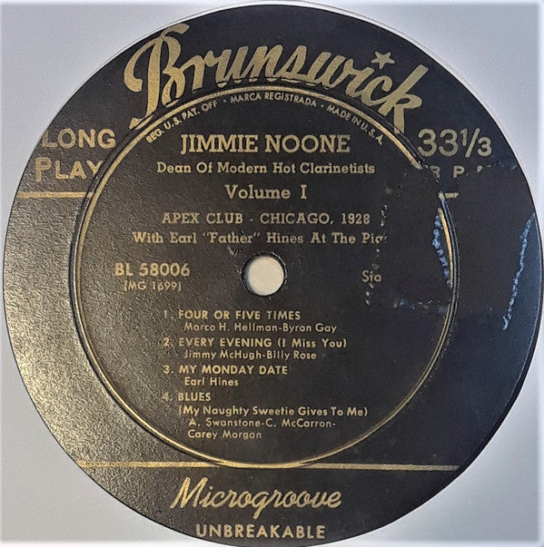 Jimmie Noone's Apex Club Orchestra With Earl Hines : Dean Of Modern Hot Clarinetists Volume 1 (10")