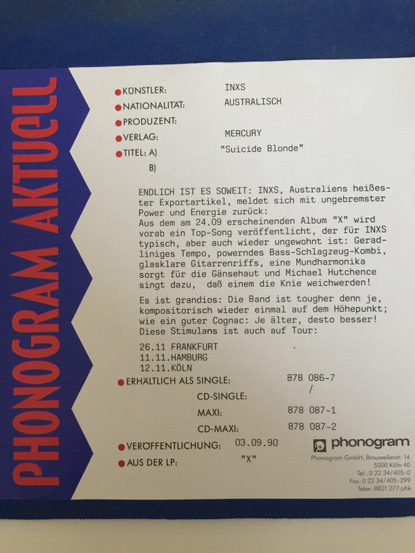 INXS : Suicide Blonde (7", Single)