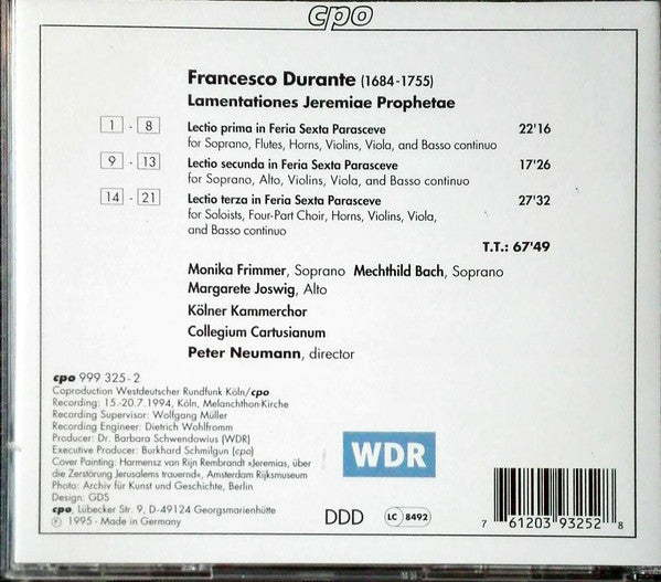 Francesco Durante - Monika Frimmer, Mechthild Bach, Margarete Joswig, Kölner Kammerchor, Collegium Cartusianum, Peter Neumann (2) : Lamentationes Jeremiae Prophetae (CD)